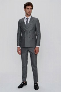 Suit - Men's Gray Striped Double Breasted Slim Fit Slim Fit 6 Drop Suit 100351002 - Turkey