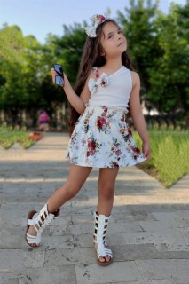 Girl's Flower Patterned Front Bow Detailed White Skirt Suit 100328498