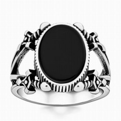 Black Onyx Stone Sword Motif Sterling Silver Ring 100346394