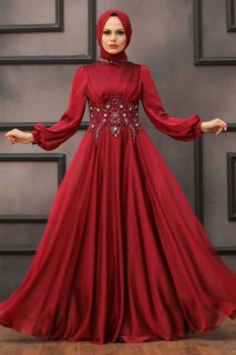 Wedding & Evening - Claret Red Hijab Evening Dress 100336697 - Turkey