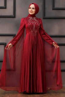 Wedding & Evening - Claret Red Hijab Evening Dress 100336899 - Turkey