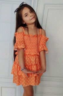 Girl's Strap and Polka Dot Orange Ruffle Skirt Suit 100328202