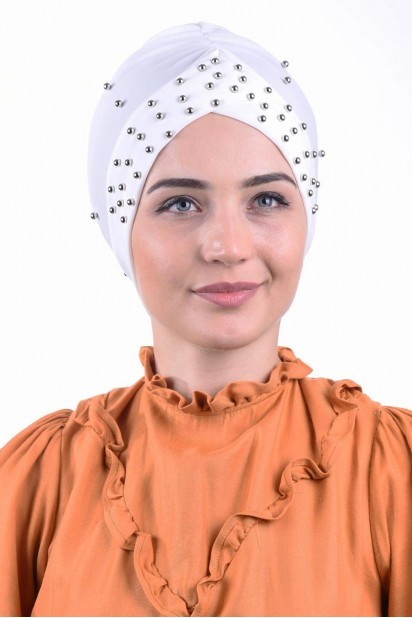Woman Bonnet & Hijab - لؤلؤة بول كاب أبيض - Turkey