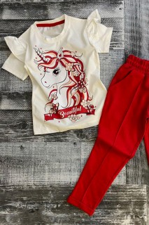 Girl's Shoulder Frilly Unicorn Printed Beatiful Red Tracksuit Suit 100327719