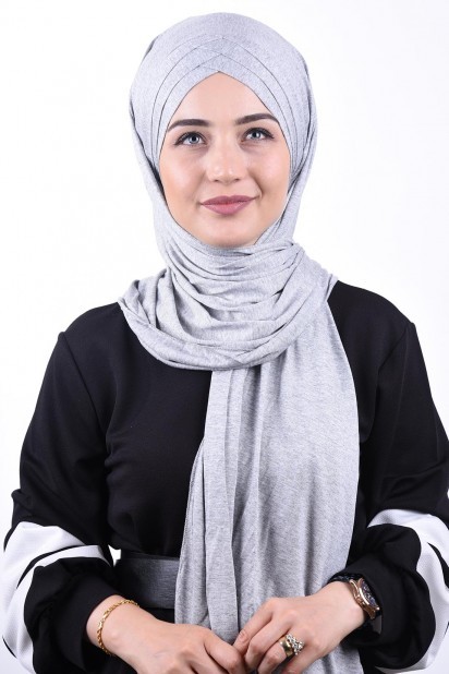 Ready to wear Hijab-Shawl - 3-Streifen-Schal aus gekämmter Baumwolle Grau meliert - Turkey