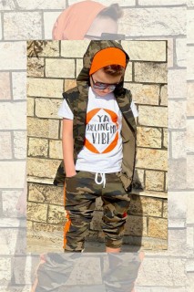 Boys Printed Zero Sleeve Vest Camouflage Detailed Beret Orange Tracksuit Suit 100328602