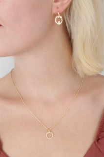 Necklaces - Gold Color Ring Figure Zircon Stone Detail Women's Necklace Earring Set 100327955 - Turkey