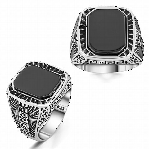 Silver Rings 925 - Onyx Stone Greek Motif Adorned Silver Ring 100350278 - Turkey