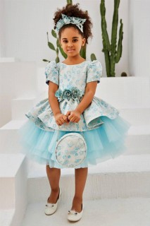 Girl Clothing - فستان سهرة بناتي منفوش مزين بالزهور مع بروش على الخصر وأكمام بطيخ باللون الأزرق 100327768 - Turkey