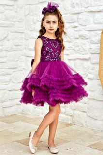 Evening Dress - Girls' Purple Evening Dress with Sequin Flower Embroidered and Fluffy Skirt and Tulle 100327657 - Turkey