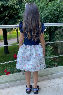 Baby Girl Button Detail Flower Print Long Sleeve Fluffy Navy Blue Dress 100328507