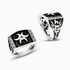 Moon Star Rings - Three Crescent Patterned Göktürk Turkish Written Silver Men's Ring 100348784 - Turkey
