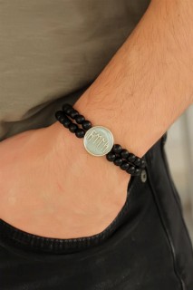 Men Shoes-Bags & Other - Old Turkish Gokturk Text Figured Light Blue Metal Accessory Double Row Onyx Natural Stone Men's Bracelet 100318487 - Turkey