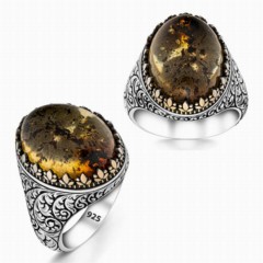 Men - Drop Amber Stone Ottoman Motif Sterling Silver Ring 100347725 - Turkey