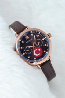 Woman Watch - Brown Leather Band Rose Color Metal Case Turkish Flag Design Women's Wristwatch 100318869 - Turkey