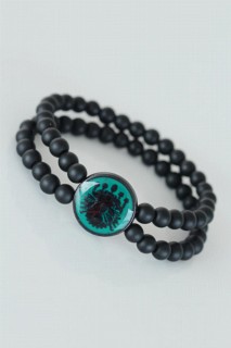 Bracelet - Black Color Double Row Natural Stone Men's Bracelet With Ottoman Coat Of Arms Figure On Green Colored Metal 100318665 - Turkey