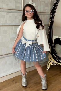 Boy's Back Bow Blazer Jacket and Floral Embroidered Blue Skirt Suit 100328016