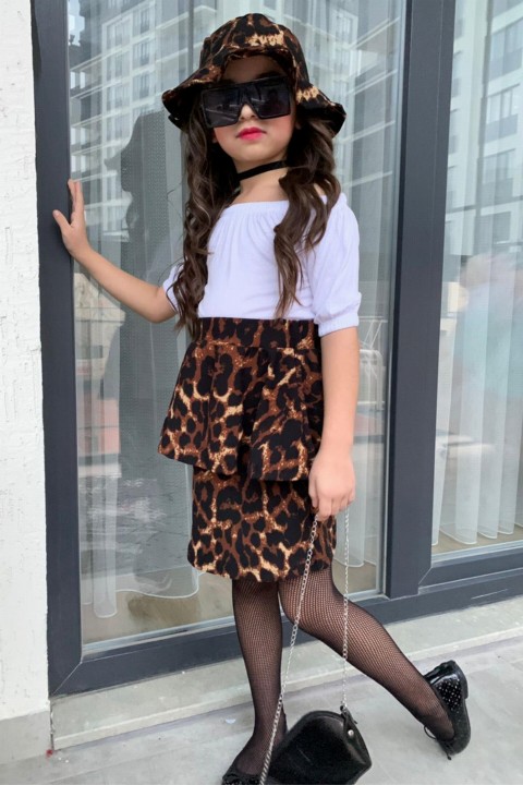 Girl Boat Collar Blouse and Hat Leopard Skirt Suit 100327415