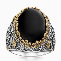 Black Onyx Stone Zircon Embroidered Silver Ring 100346428