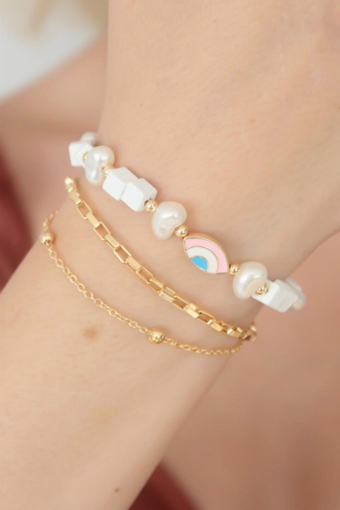 Bracelet - Gold Color Double Pearls Women's Bracelet 100328001 - Turkey