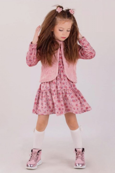 Girl Clothing - Girl's Glittery Plush Vest Floral Powder Velvet Dress 100327079 - Turkey