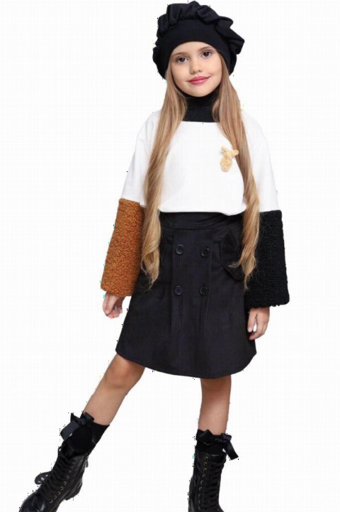 Outwear - Girl's Hat & Sleeves Brown Wool Velvet Skirt Suit 100327137 - Turkey