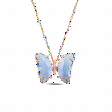 Navy Blue Stone Butterfly Model Silver Necklace 100346950