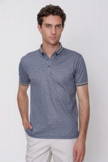 T-Shirt - Men's Marine Printed Dynamic Fit Comfortable Cut Buttoned Collar Short Sleeve Striped T-Shirt 100351424 - Turkey