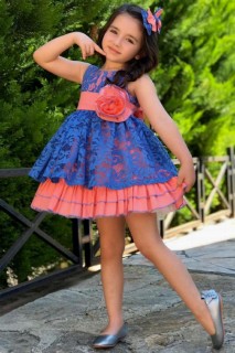 Girls - Girl Floral Lace Embroidered Blue Dress With Waist Belt and Floral Brooch 100327378 - Turkey