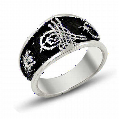 Tugra Motif Ottoman State Coat of Arms Crescent and Star Sterling Silver Men's Ring 100348421