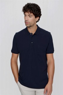 T-Shirt - Men's Navy Blue Basic Plain 100% Cotton Oversized Wide Cut Short Sleeved Polo Neck T-Shirt 100350926 - Turkey