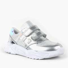 Sport-Sneaker -  حذاء سنيكرز جلد طبيعي بشريط فيلكرو فضي للبنات 100278861 - Turkey