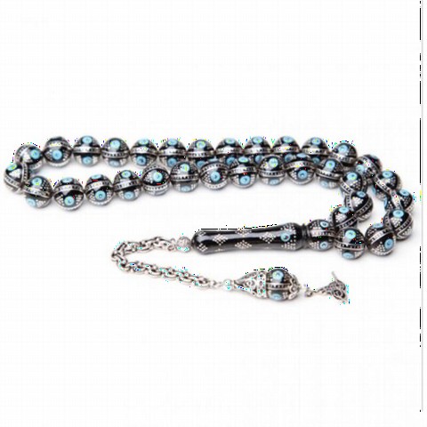 Men Shoes-Bags & Other - Original Erzurum Oltu Stone Turquoise Embroidered Silver Rosary 100346829 - Turkey