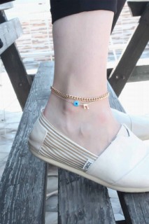 Anklet - Note Figured Evil Eye Bead Detailed Gold Color Women's Anklet 100327527 - Turkey