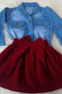 Girls' Denim Shirt Suede Claret Red Skirt Bottom Top Set 100328671