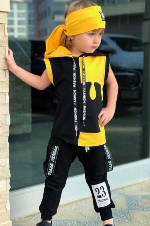 Kids - Boy's New Puzzle Zero Sleeve T-Shirt and Bandana Yellow Tracksuit Set 100327534 - Turkey
