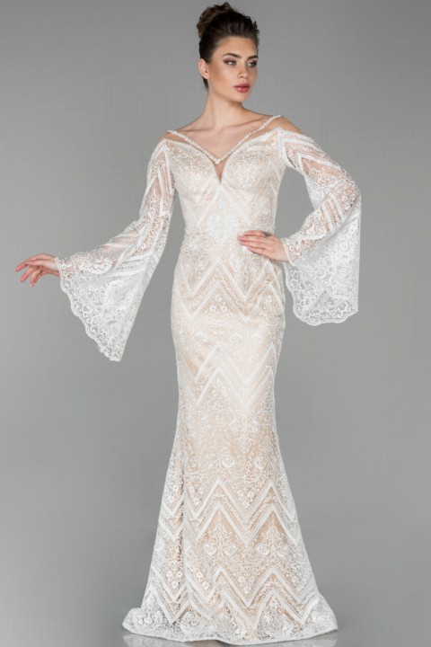 Wedding & Evening - Evening Dress Long Beaded Embroidered V Neck Spanish Long Sleeve Guipure Evening Dress 100296415 - Turkey