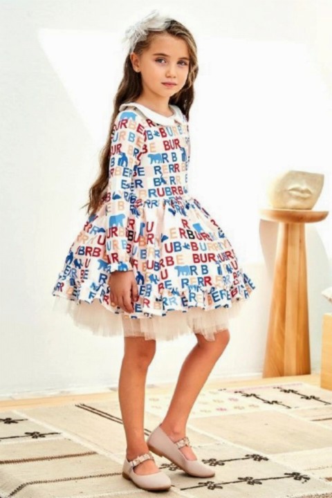 Girl Clothing - فستان بيج بناتي منقوش بياقة مريلة وأذرع طويلة 100326990 - Turkey