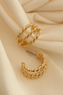 Earrings - Gold Color 3-Combined Twirl Hoop Earrings 100319998 - Turkey