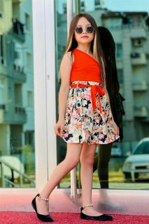 Girls' One Shoulder Blouse Floral Patterned Orange Skirt Suit 100328517