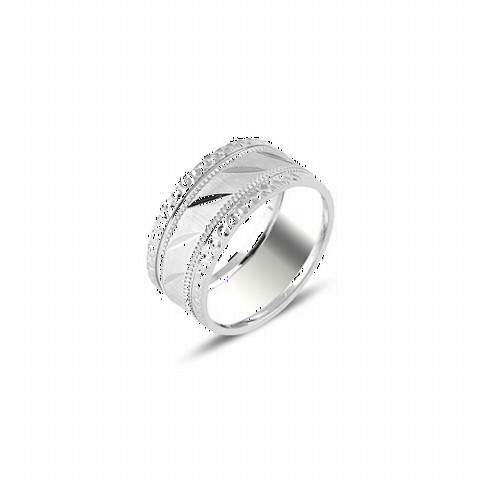 Men - Leaf Patterned Silver Wedding Ring 100347001 - Turkey