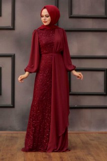 Evening & Party Dresses - Claret Red Hijab Evening Dress 100338040 - Turkey