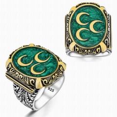 Three Crescent Model Enamel Devlet Bahçeli Silver Men's Ring 100348733