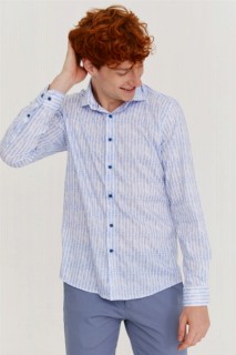 Men's Ice Blue Cotton Slim Fit Slim Fit Printed Italian Collar Long Sleeve Shirt 100350615