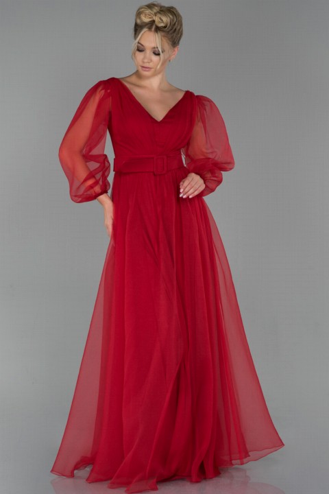Woman Clothing - Evening Dress Long Sleeve Belted Dalya Evening Dress 100297273 - Turkey