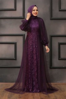 Wedding & Evening - Purple Hijab Evening Dress 100337569 - Turkey