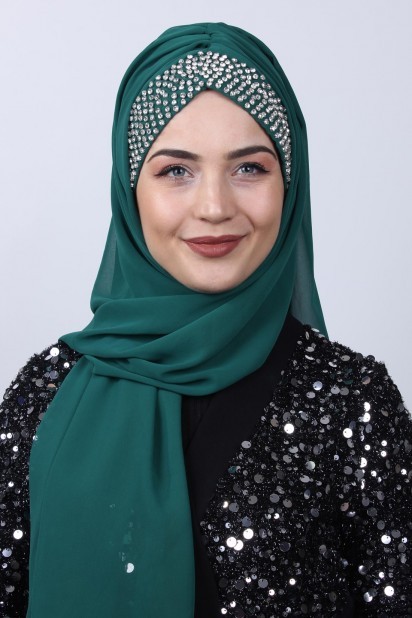 Ready to wear Hijab-Shawl - شال بتصميم بونيلي من الأحجار ، لون أخضر زمردي - Turkey