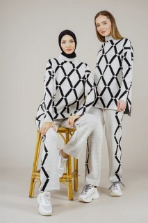 Women's Diamond Patterned Double Colored Double Knitwear Suit 100352577