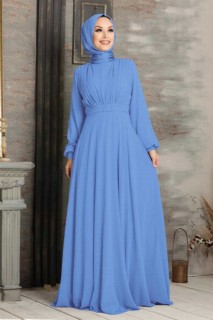İndigo Blue Hijab Evening Dress 100300063