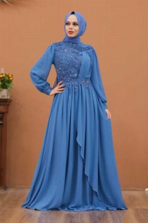 Wedding & Evening - İndigo Blue Hijab Evening Dress 100337450 - Turkey